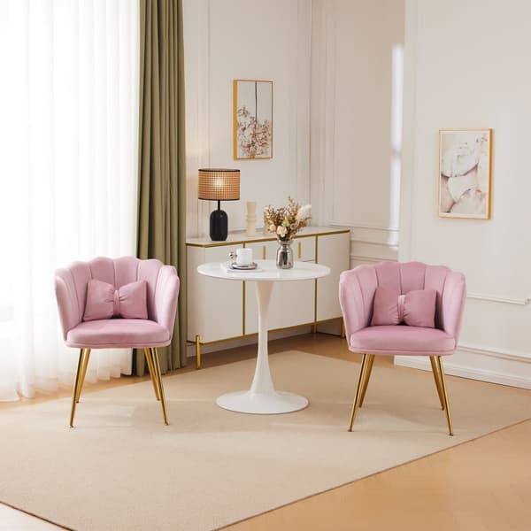 Set med 2 sammetsstolar - med kronbladformat ryggstöd - gyllene metallben - rosa