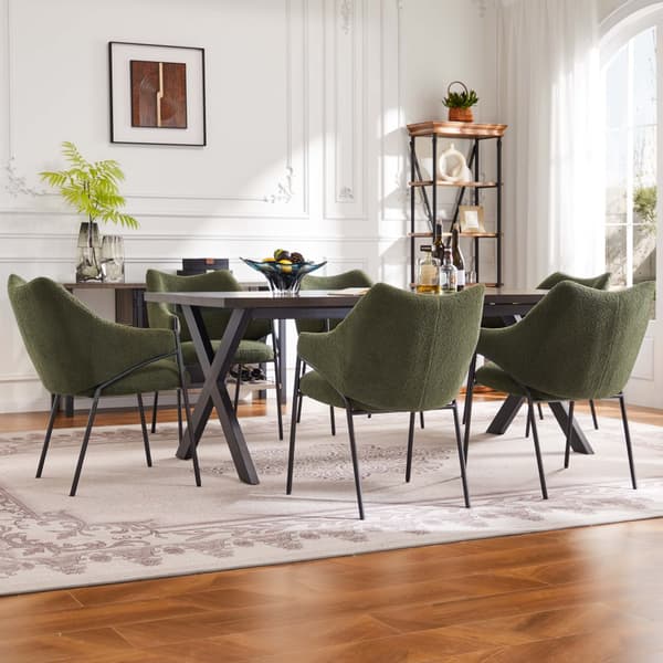 Sæt med 6 spisebordsstole med armlæn - Sherpa stof - moderne stil - grøn