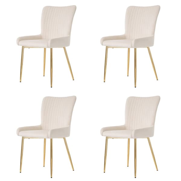 Sæt med 4 fløjlsstole - med gyldne metalben - Beige