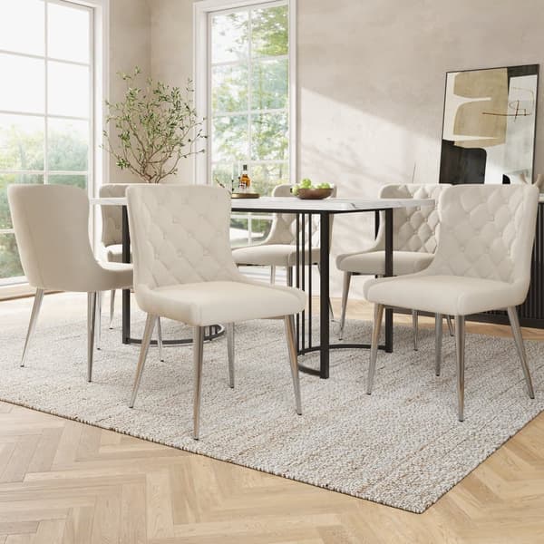 Sæt med 6 fløjlsstole med sølvfarvede jernben - Beige