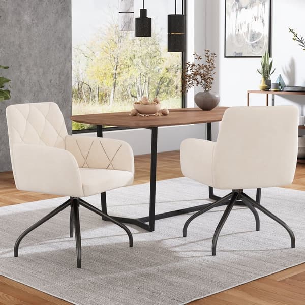 Sæt med 2 360° drejestole - Fløjlsstof - Ryglæn med diamantmønster - Beige