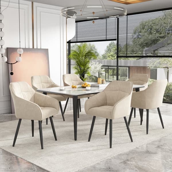 Set med 6 sammetsstolar med armstöd - justerbara fötter - beige