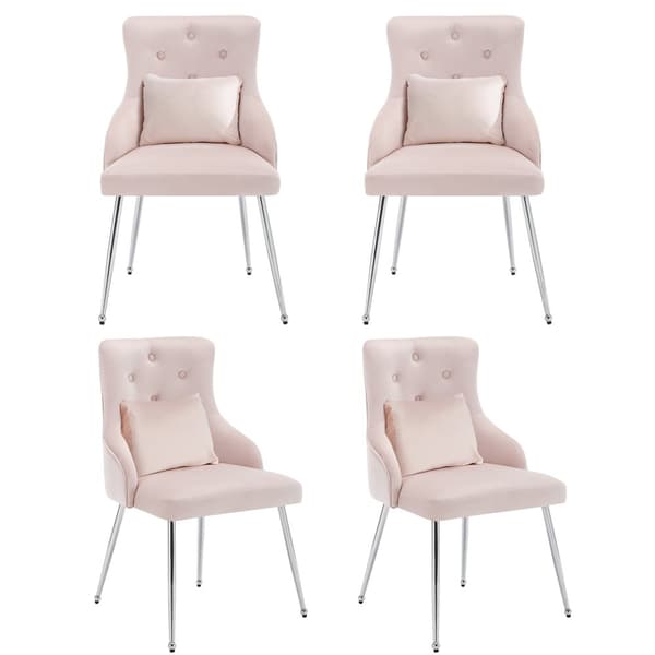 Sæt med 4 fløjlspolstrede stole med hynder - Pink