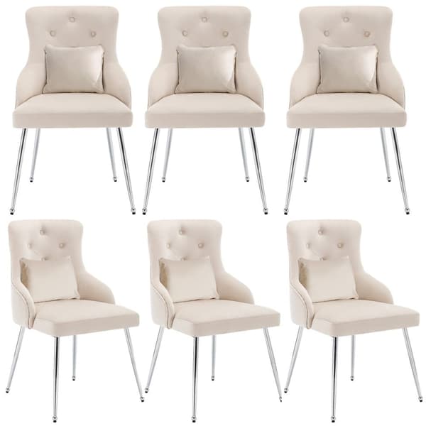 Set om 6 sammetsklädda stolar med kuddar - Beige