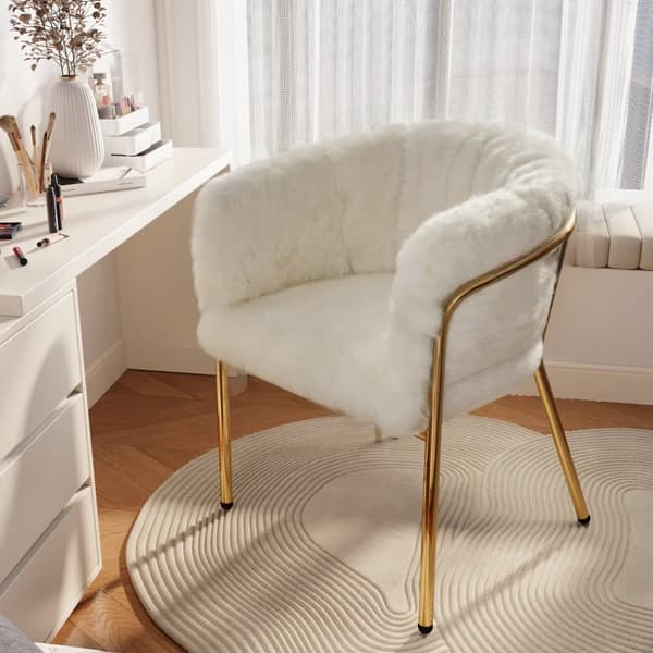 1 fåtölj för matsal, vardagsrum eller sovrum - tillverkad av imiterat kanindun - med 4 guldfärgade metallben - Beige