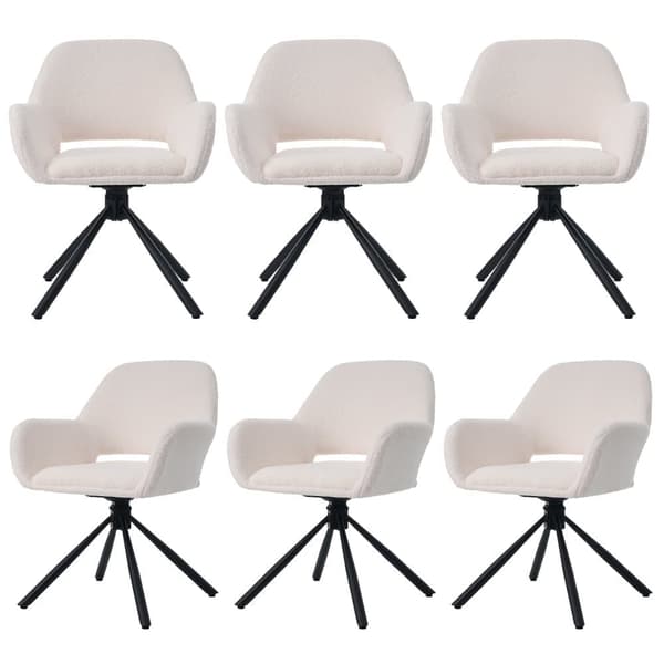 Sæt med 6 drejelige lænestole med armlæn - lavet af frotté sherpa - moderne stil - hvid