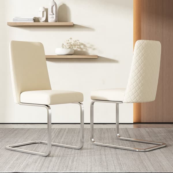 Sæt med 2 fløjlskravestole - Ryglæn med diamantmønster - Sølvfarvet metalstel - Beige