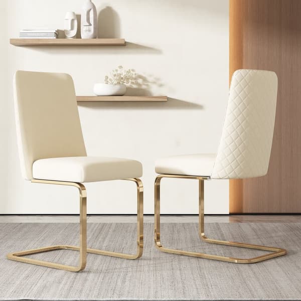 Set med 2 sammetskragstolar - Ryggstöd med diamantmönster - Guldfärgad metallram - Beige