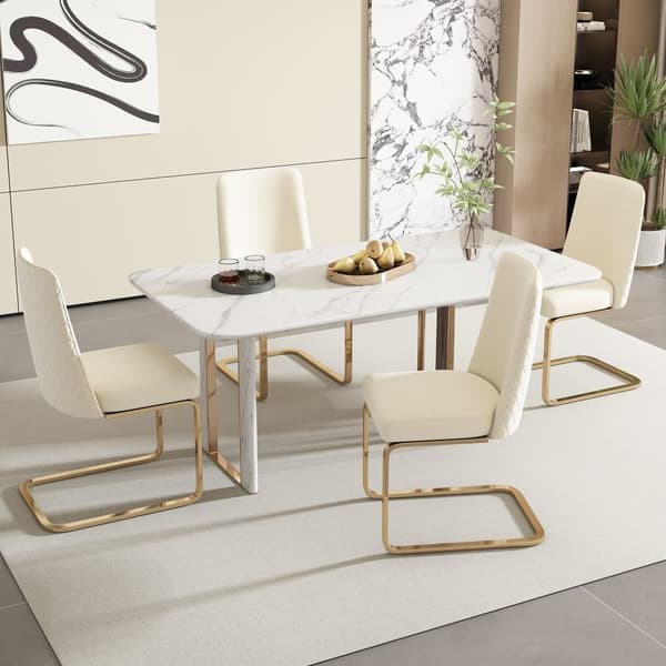 Sæt med 4 fløjlskravestole - Ryglæn med diamantmønster - Guldfarvet metalstel - Beige