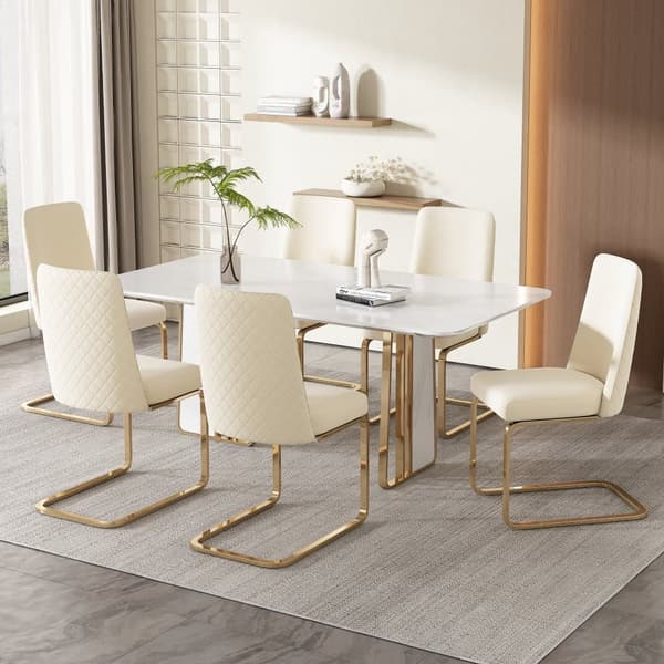 Sæt med 6 fløjlskravestole - Ryglæn i diamantmønster - Guldfarvet metalstel - Beige