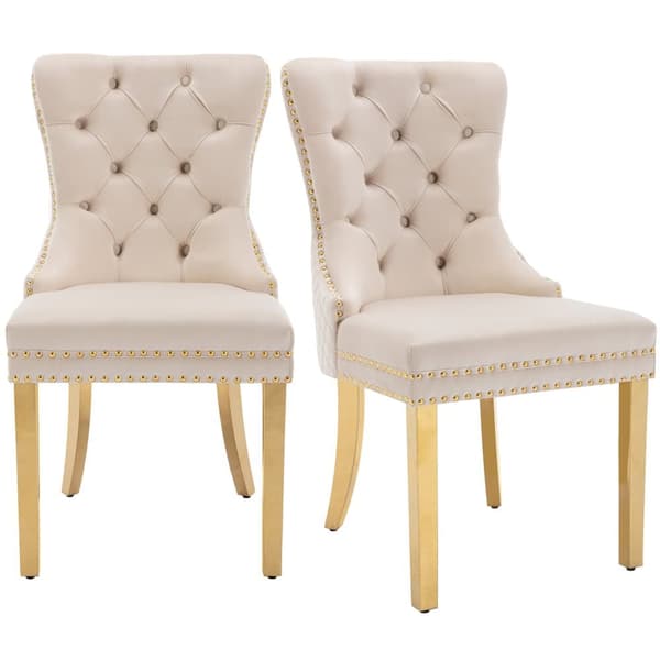Set med 2 sammetstolar med metallben - Beige