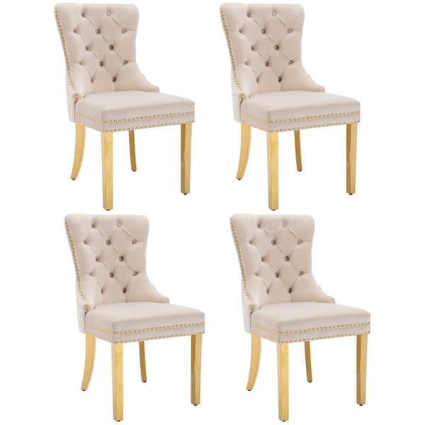 Sæt med 4 fløjlsstole med metalben - Beige
