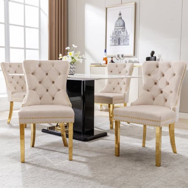 Sæt med 4 fløjlsstole med metalben - Beige