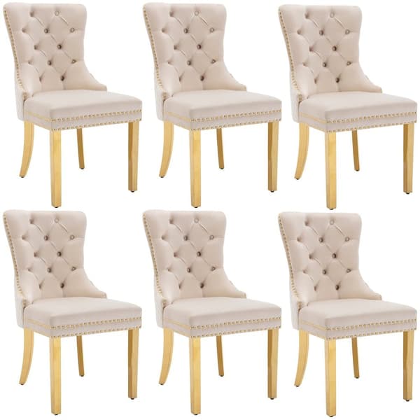 Sæt med 6 fløjlsstole med metalben - Beige