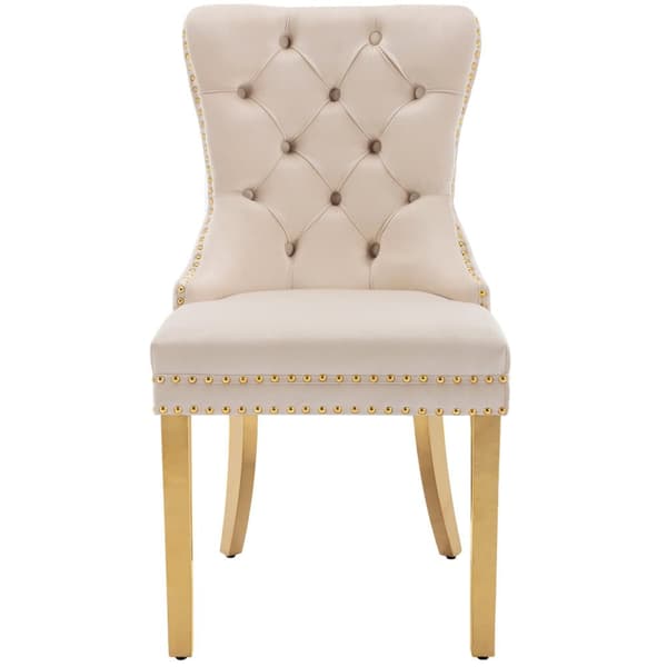 Sæt med 6 fløjlsstole med metalben - Beige