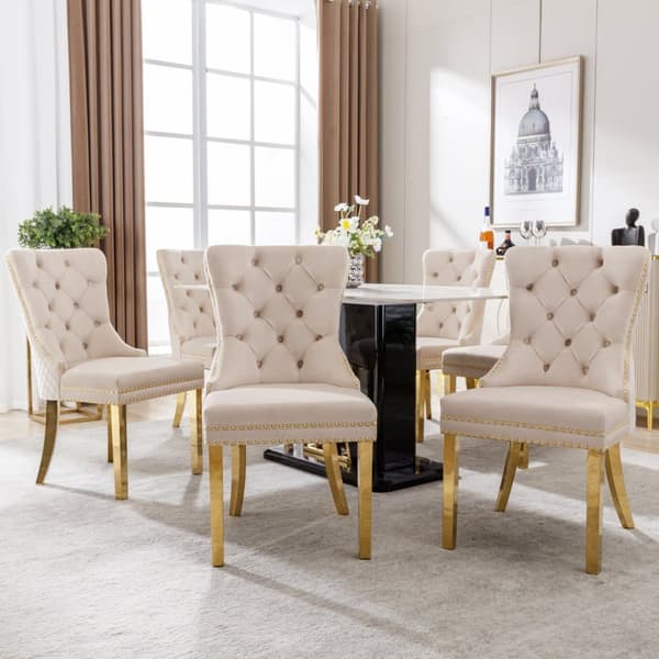 Sæt med 6 fløjlsstole med metalben - Beige