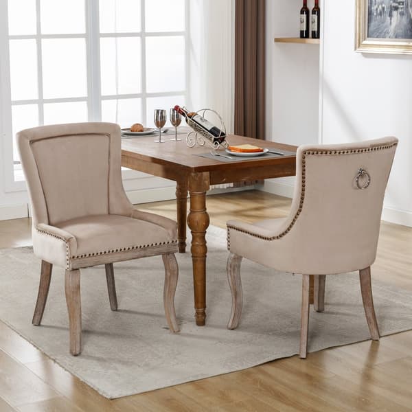 Sæt med 2 fløjlsstole - med ben i massivt træ - Beige