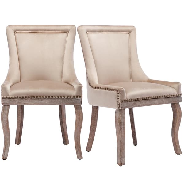 Sæt med 2 fløjlsstole - med ben i massivt træ - Beige