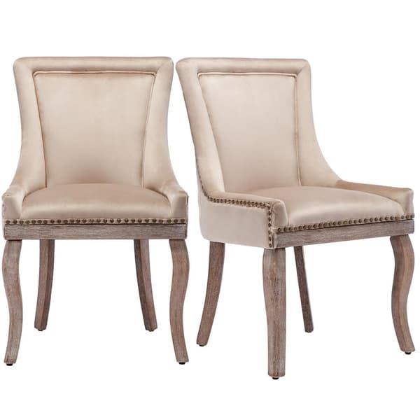 Sæt med 2 fløjlsstole - med ben i massivt træ - Beige