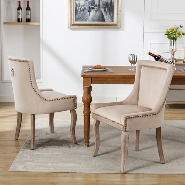 Sæt med 2 fløjlsstole - med ben i massivt træ - Beige