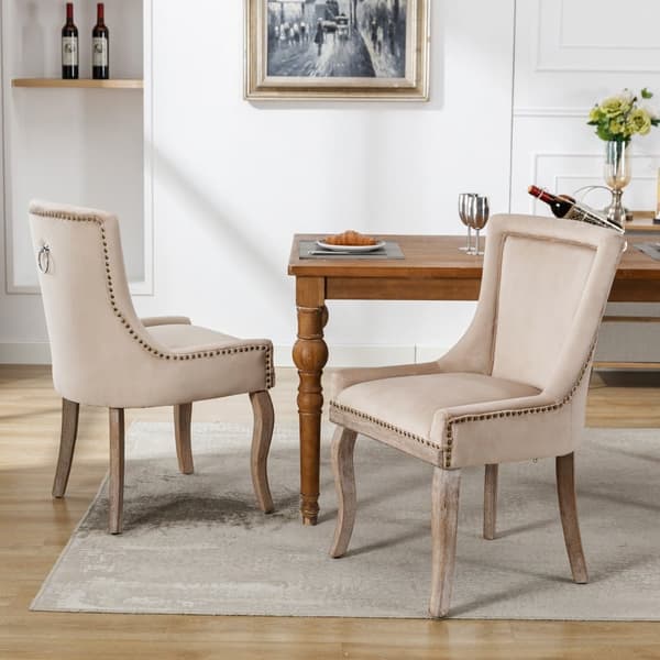 Sæt med 2 fløjlsstole - med ben i massivt træ - Beige