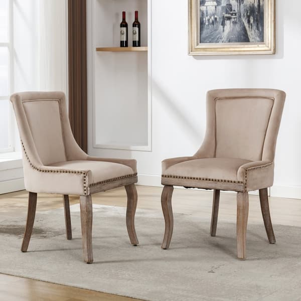 Sæt med 2 fløjlsstole - med ben i massivt træ - Beige