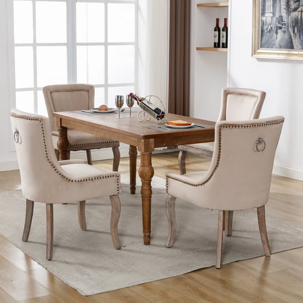 Sæt med 4 fløjlsstole - med ben i massivt træ - Beige