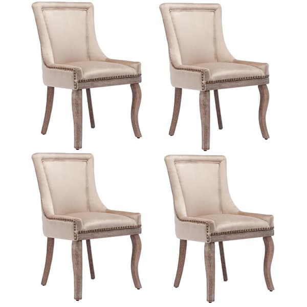 Sæt med 4 fløjlsstole - med ben i massivt træ - Beige