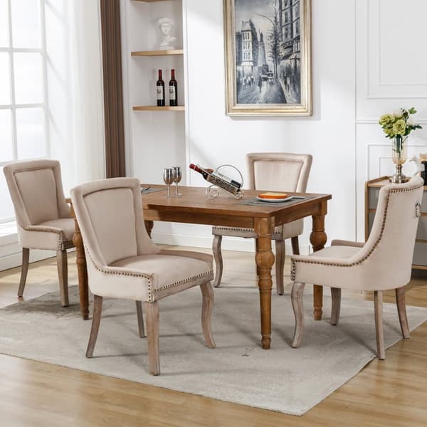 Sæt med 4 fløjlsstole - med ben i massivt træ - Beige