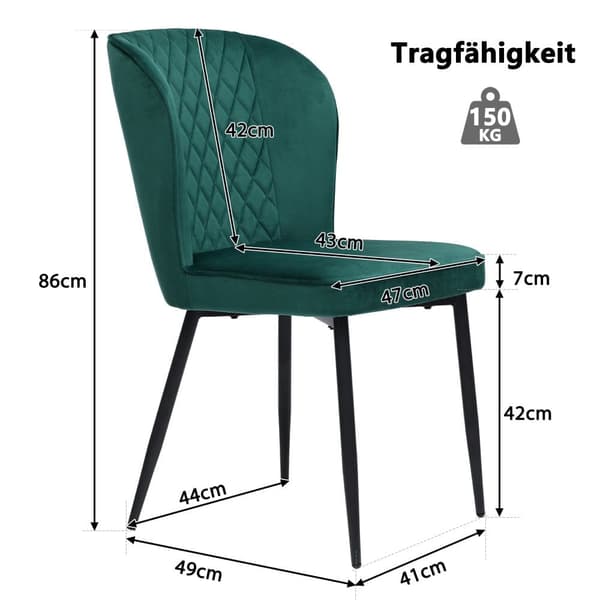 Matrumsstol (6 st), uppsättning av 6 stoppade stolar vardagsrumsstol med ryggstöd metallben sammet - grön