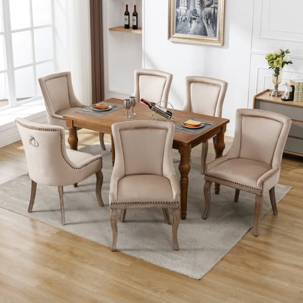 6 samettituolin sarja - massiivipuisilla jaloilla - beige