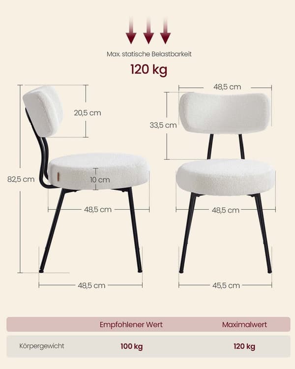 Spisestuestol sæt på 2 med fleece overfladecreme hvid