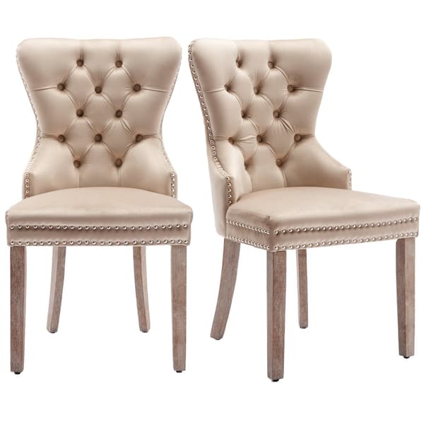Set med 2 sammetsstolar - Ben i massivt trä - Beige