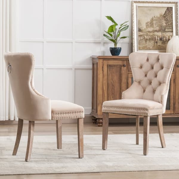 Set med 2 sammetsstolar - Ben i massivt trä - Beige