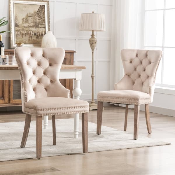 Set med 2 sammetsstolar - Ben i massivt trä - Beige