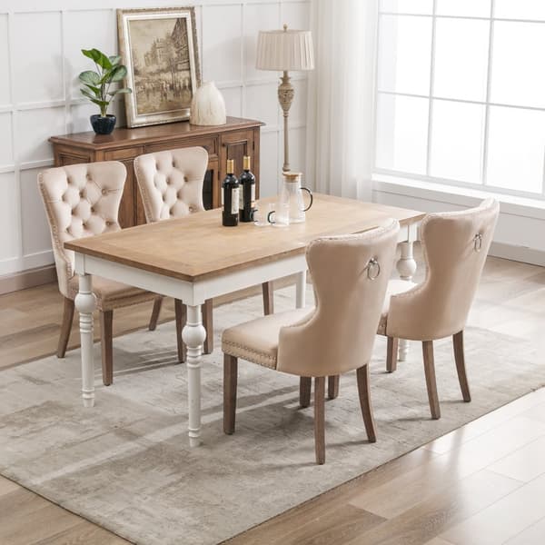 Set med 4 sammetsstolar - Ben i massivt trä - Beige