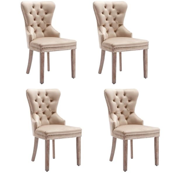 Set med 4 sammetsstolar - Ben i massivt trä - Beige