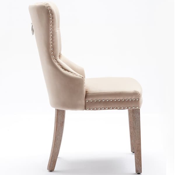 Set med 4 sammetsstolar - Ben i massivt trä - Beige