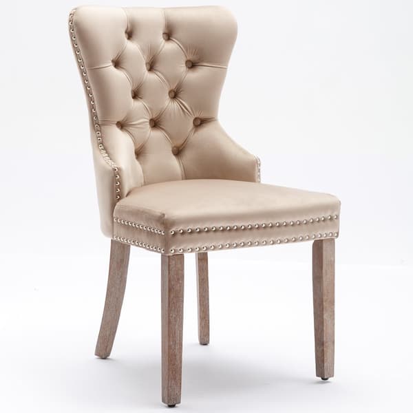 Set med 4 sammetsstolar - Ben i massivt trä - Beige