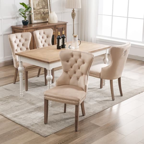 Set med 4 sammetsstolar - Ben i massivt trä - Beige