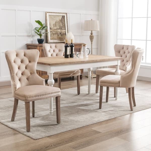 Set med 4 sammetsstolar - Ben i massivt trä - Beige