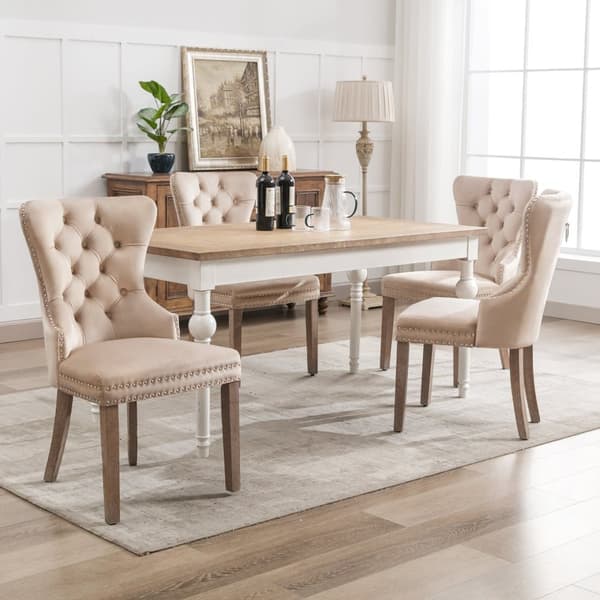 Set med 4 sammetsstolar - Ben i massivt trä - Beige