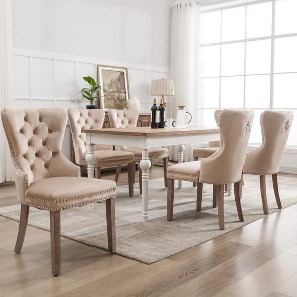 6 samettituolin sarja - Massiivipuiset jalat - Beige