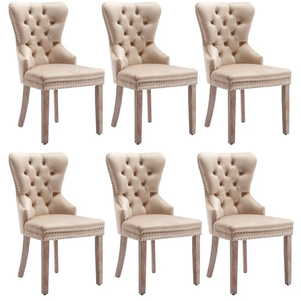 6 samettituolin sarja - Massiivipuiset jalat - Beige