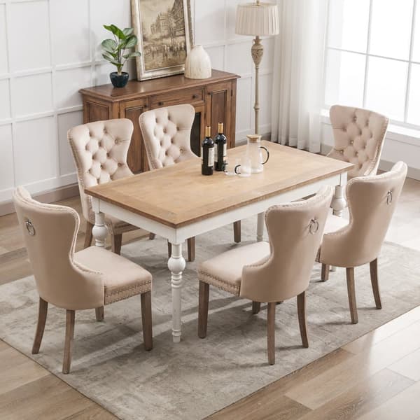 6 samettituolin sarja - Massiivipuiset jalat - Beige