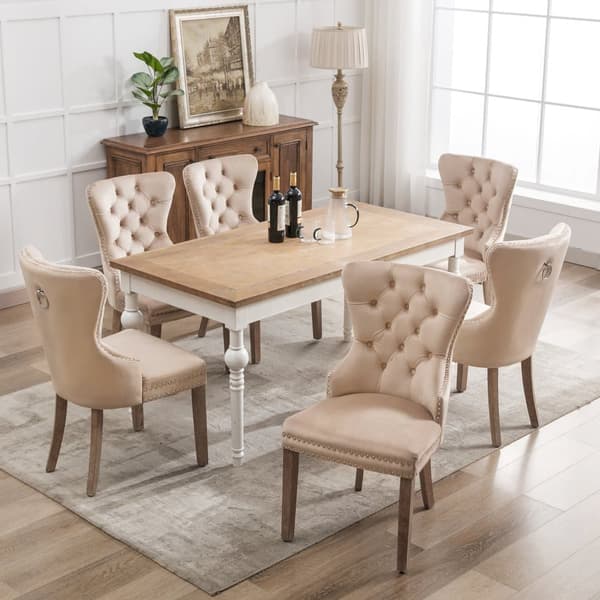6 samettituolin sarja - Massiivipuiset jalat - Beige