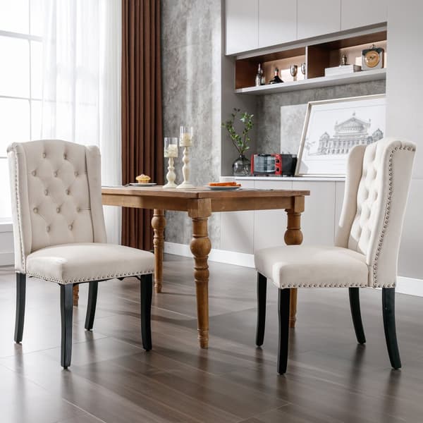 Set med 2 sammetstolar med ekben - dekorerade med nitar - Beige