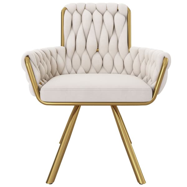 Velour stol med armlæn - gyldne metalben - beige