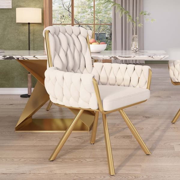 Velour stol med armlæn - gyldne metalben - beige