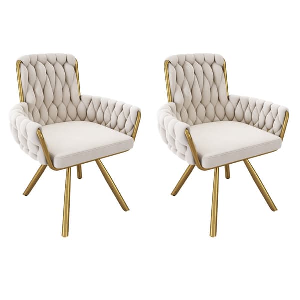 Sæt med 2 fløjlsstole med armlæn - gyldne metalben - beige